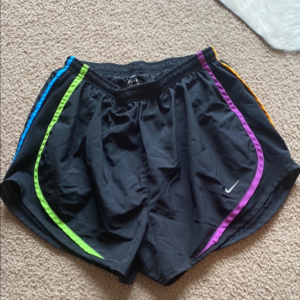 Nike Black Athletic Shorts with Green, Blue, Orange and Purple Accents